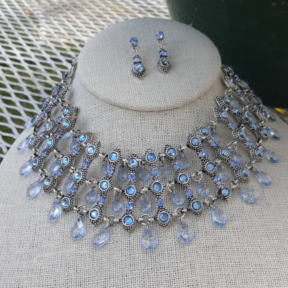 Ice blue 3 strand choker style necklace